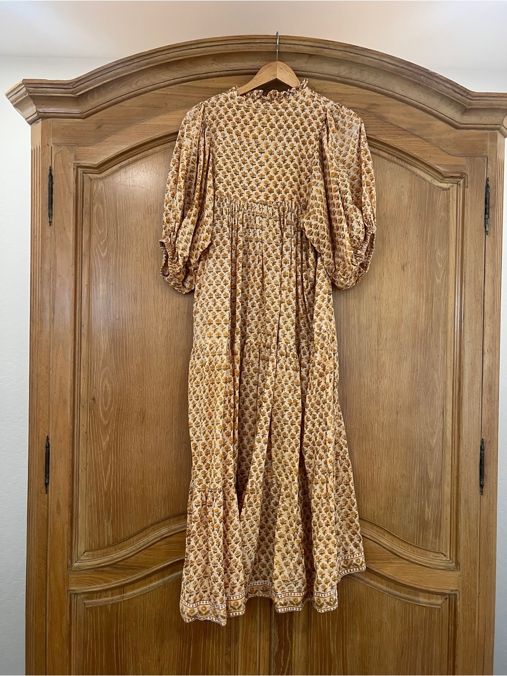 100% Cotton Hand Block Print Boho Floral Tiered Maxi Dress - Yellow - Picture 7 of 8